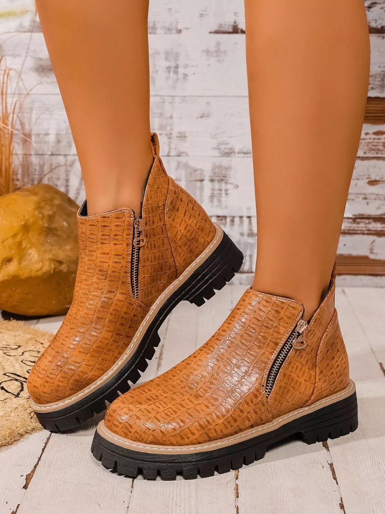 Round Toe Side Zip Ankle Boots by Trendsi