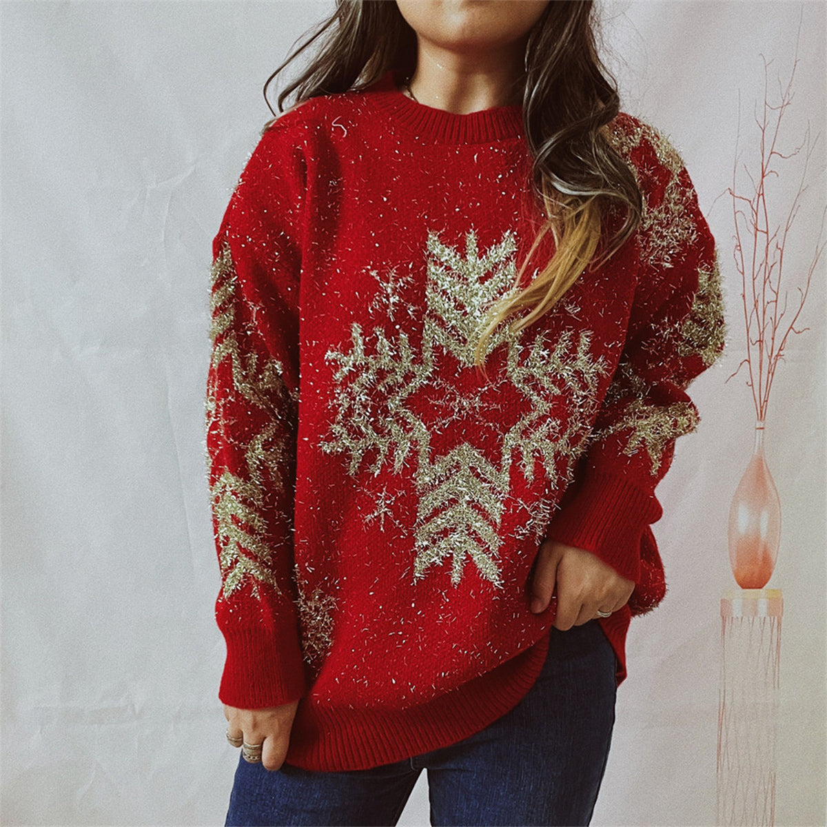Snowflake Pattern Long Sleeve Sweater by Trendsi