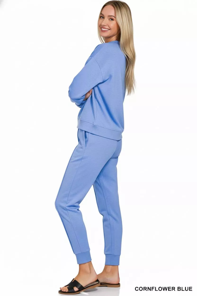 Zenana Scuba Mock Neck Sweatshirt and Joggers Set by Trendsi