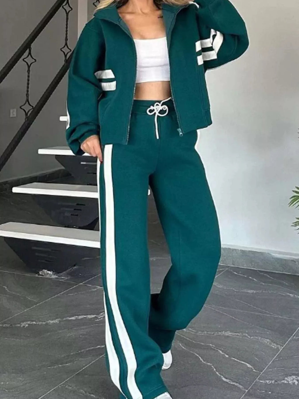 Full Size Contrast Stripe Zip Up Jacket and Pants Set Plus Size by Trendsi