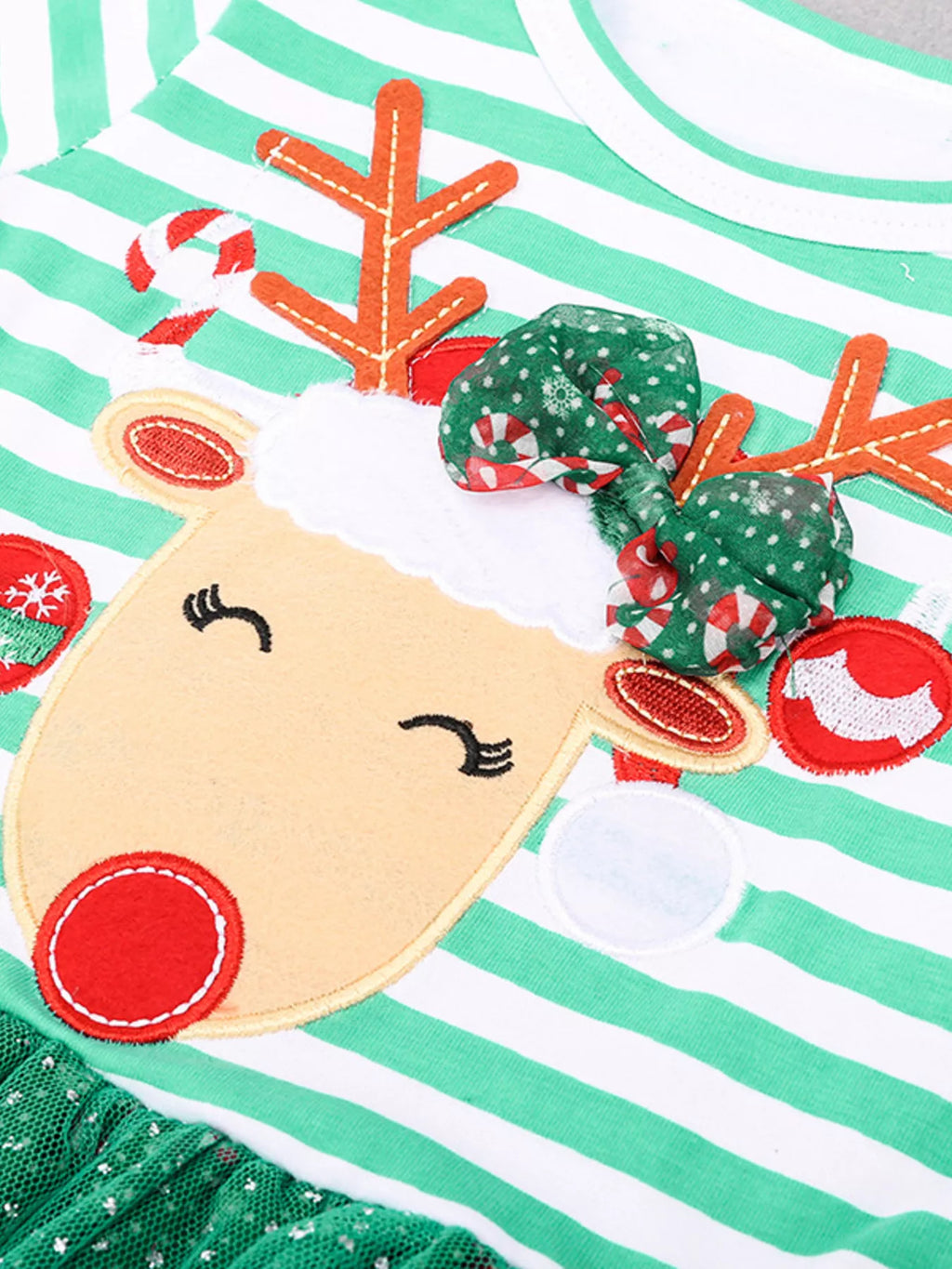 Children's Christmas Reindeer Applique Striped Long Sleeve Dress by Trendsi