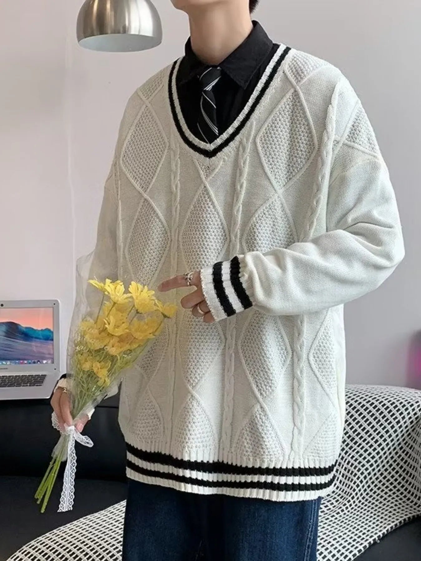 Men's Plus Size V-Neck Striped Trim Knitted Pullover by Trendsi
