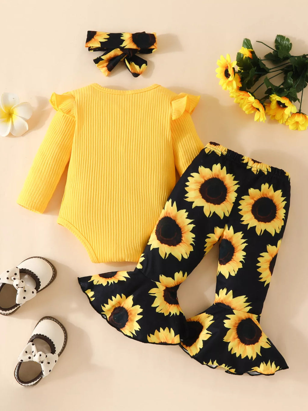 Children's Ruffled Ribbed Top and Sunflower Pants Set by Trendsi