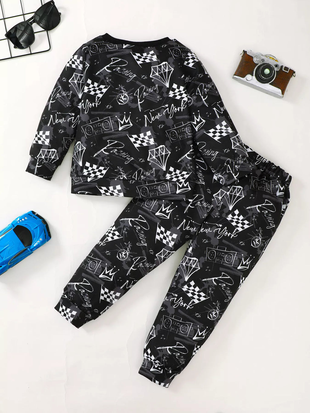 Children's Racing Car Print Long Sleeve Sweatshirt and Pants Set by Trendsi