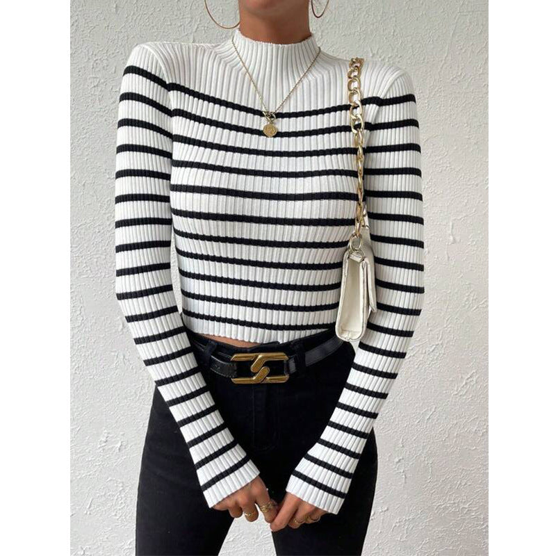Fashion Long Sleeve Sunken Stripe Turtleneck Casual Slim Striped Sweater by DC-THE CEO