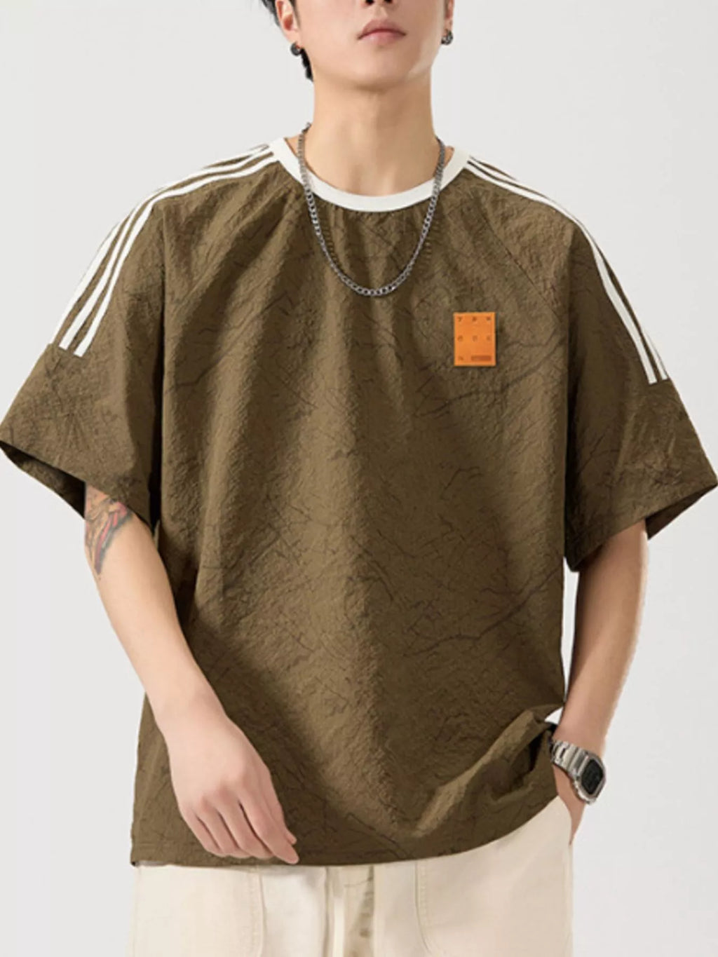 Men's Full Size Striped Shoulder Relaxed Fit T-Shirt Plus Size by Trendsi