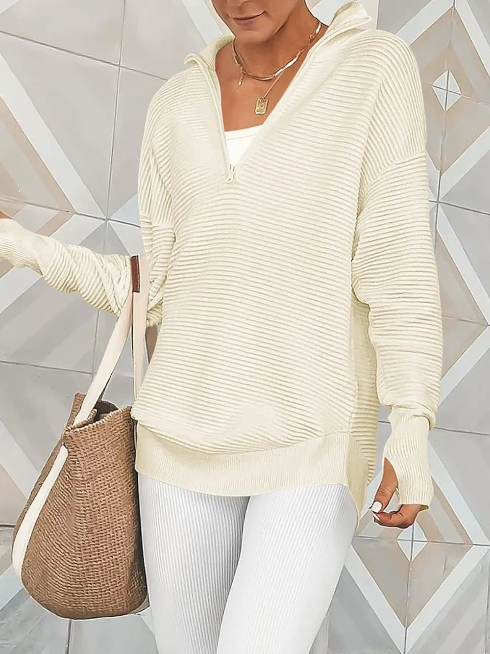 Half Zip Long Sleeve Knit Top by Trendsi