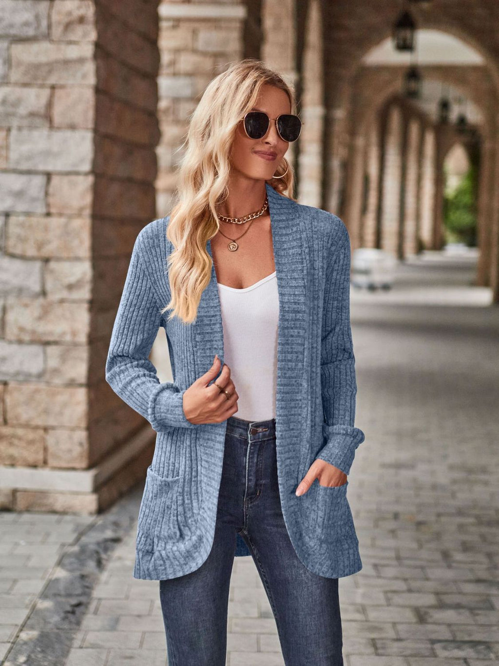 Open Front Cardigan with Pockets by Trendsi