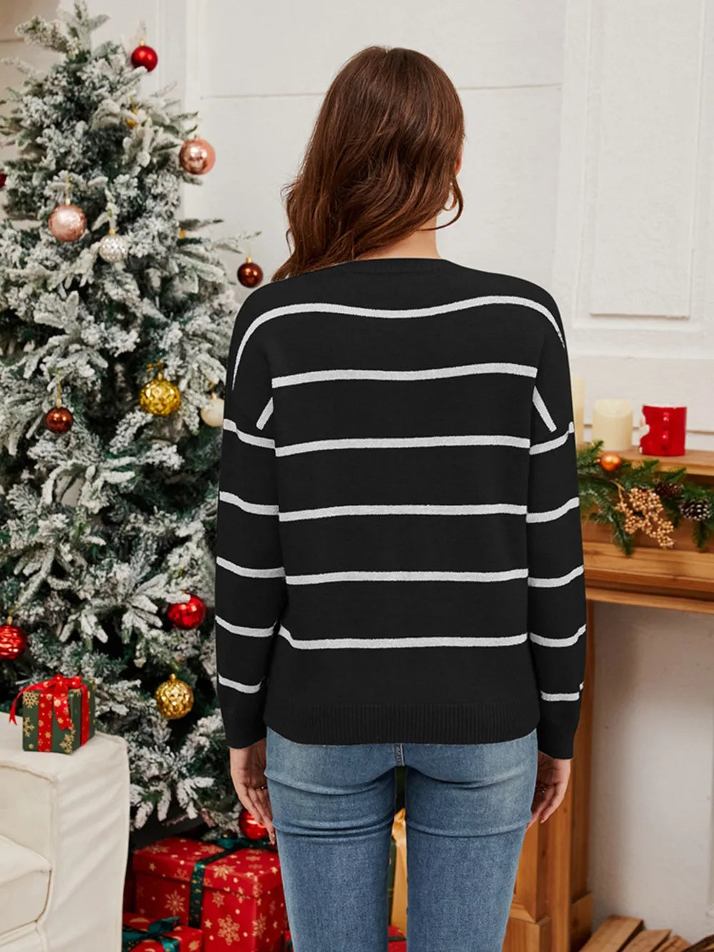 Sequin Santa Striped Round Neck Long Sleeve Sweater by Trendsi