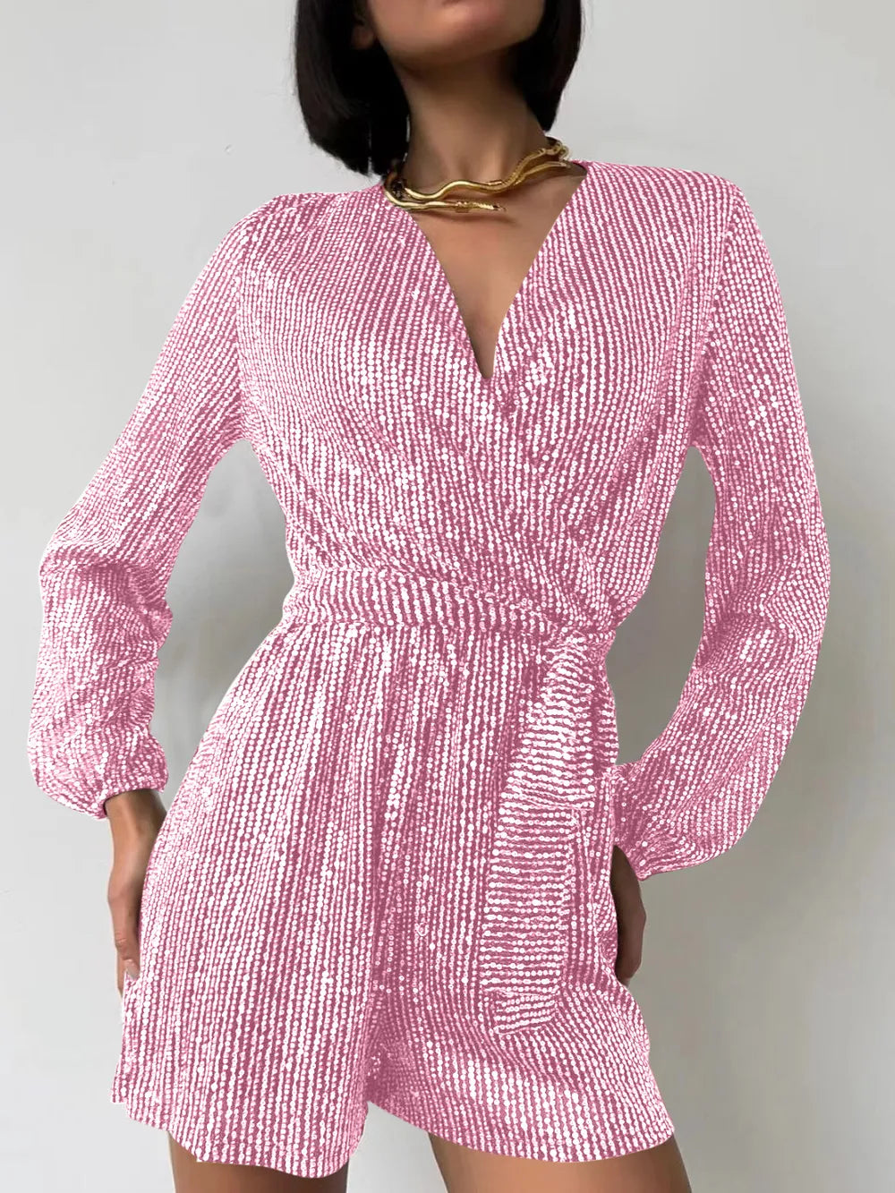 Full Size Sequin Surplice Tie Waist Long Sleeve Romper by Trendsi