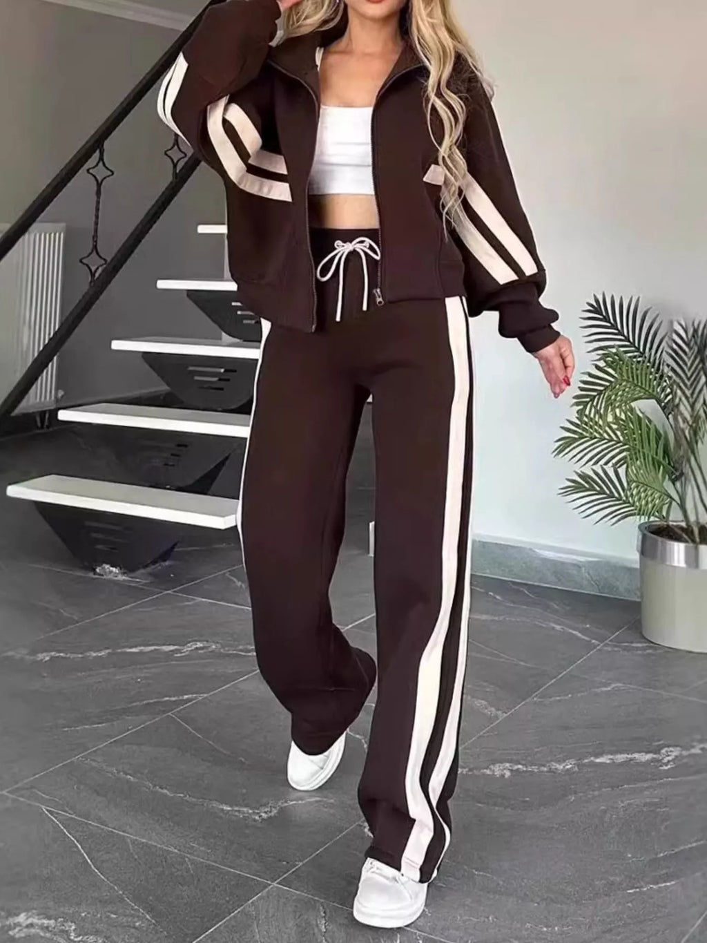 Full Size Contrast Stripe Zip Up Jacket and Pants Set Plus Size by Trendsi