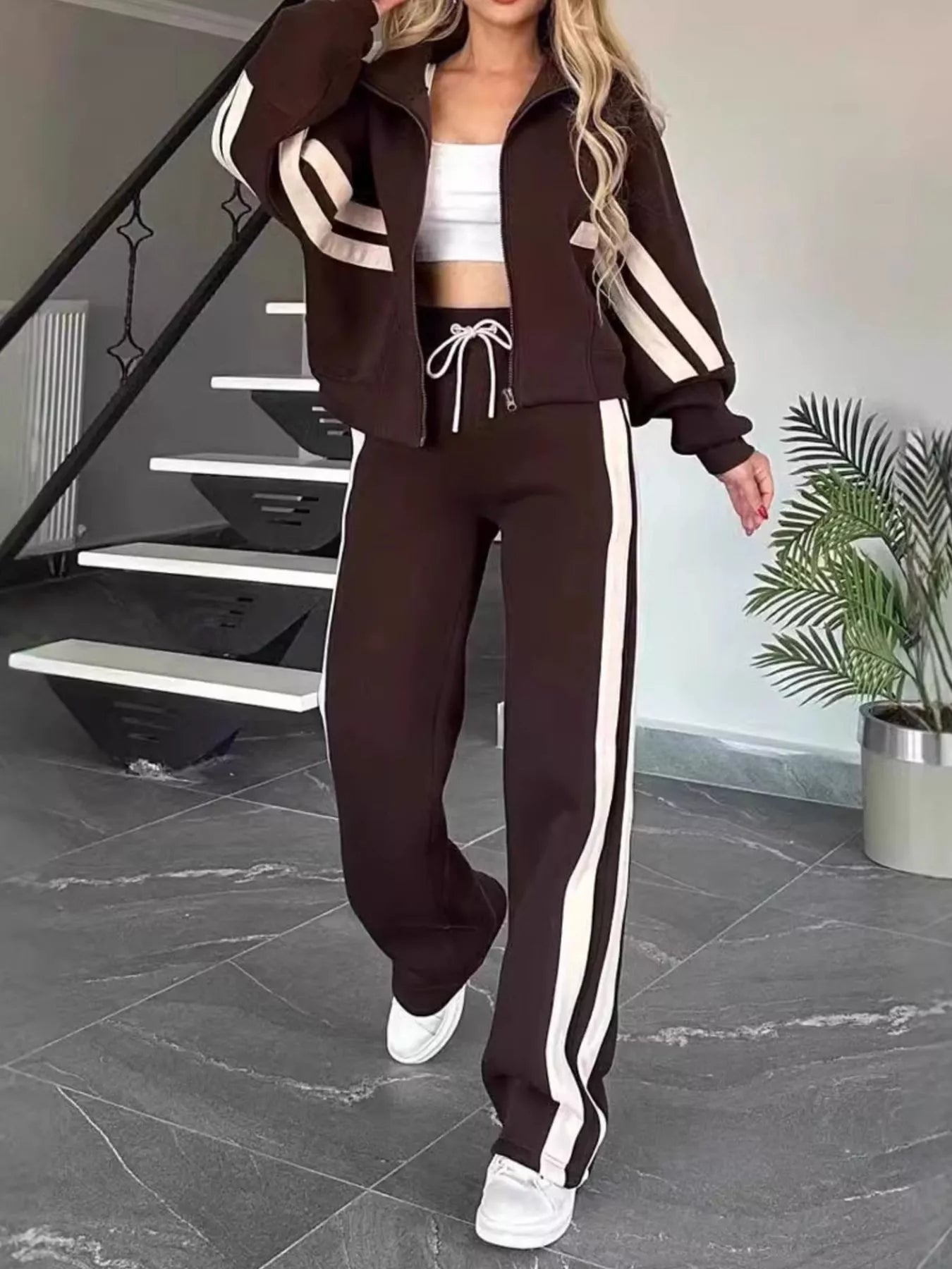 Full Size Contrast Stripe Zip Up Jacket and Pants Set Plus Size by Trendsi