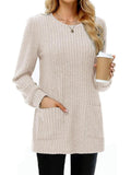Mid-length Sweater Round Neck Sunken Stripe Solid Color Pocket Top by DC-THE CEO