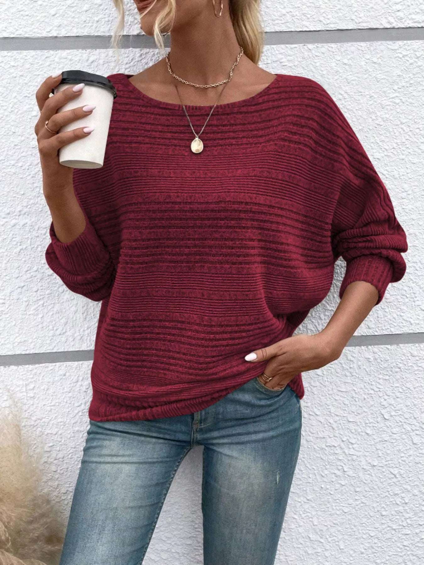 Ribbed Round Neck Long Sleeve Top by Trendsi