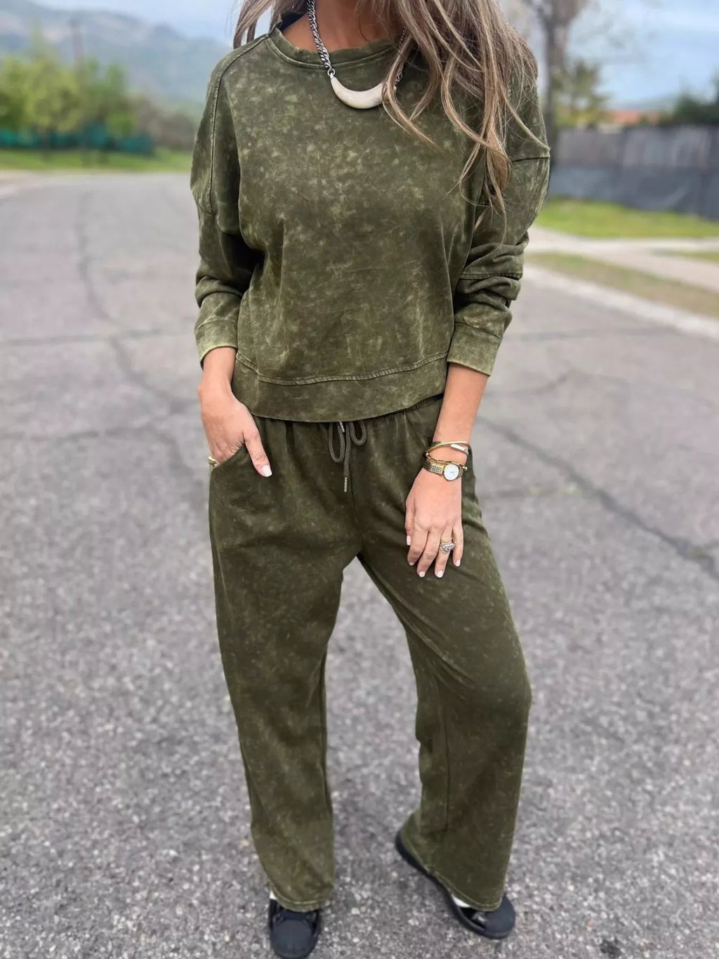 Full Size Washed Round Neck Top and Drawstring Pants Set Plus Size by Trendsi
