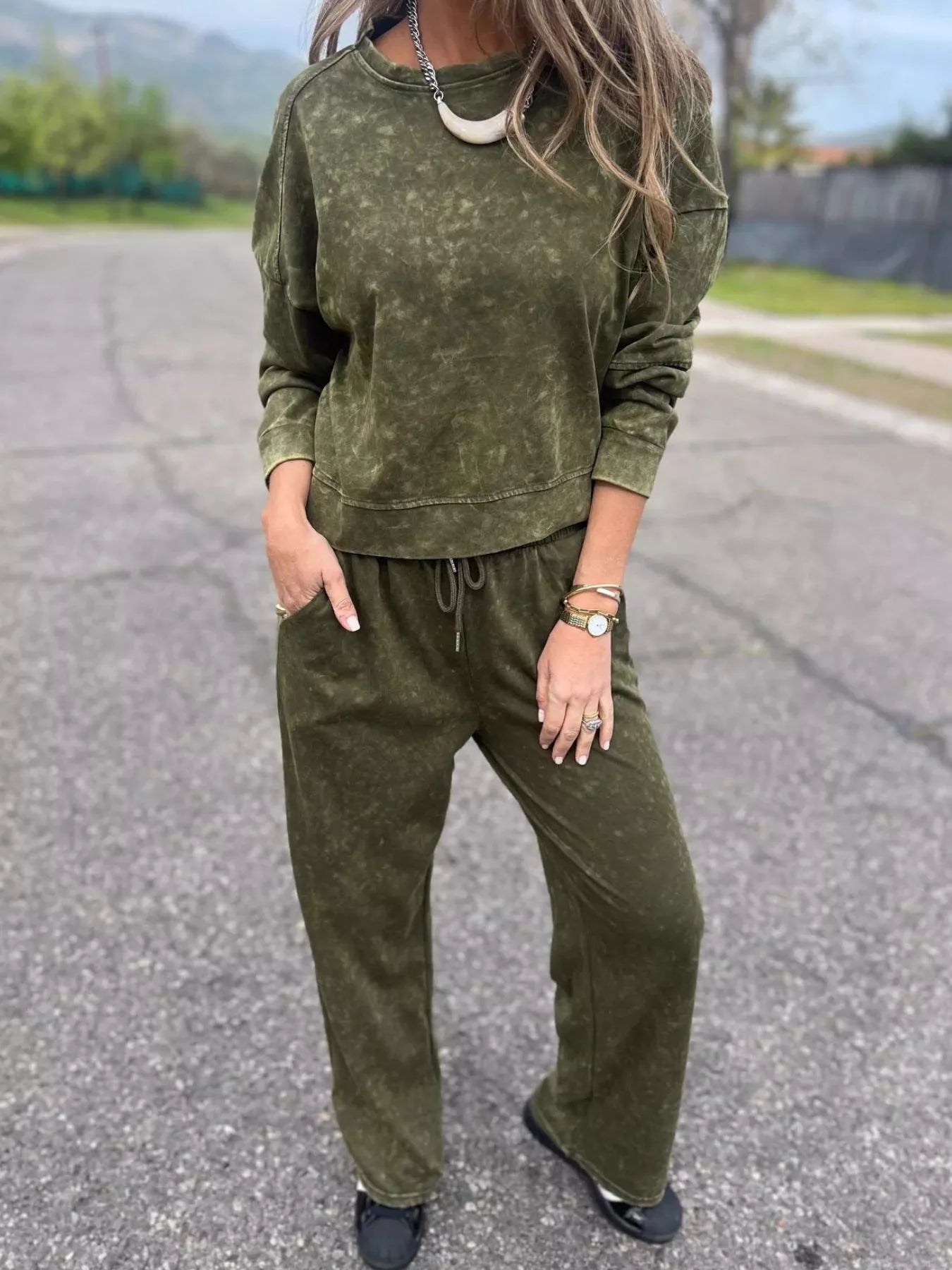 Full Size Washed Round Neck Top and Drawstring Pants Set Plus Size by Trendsi