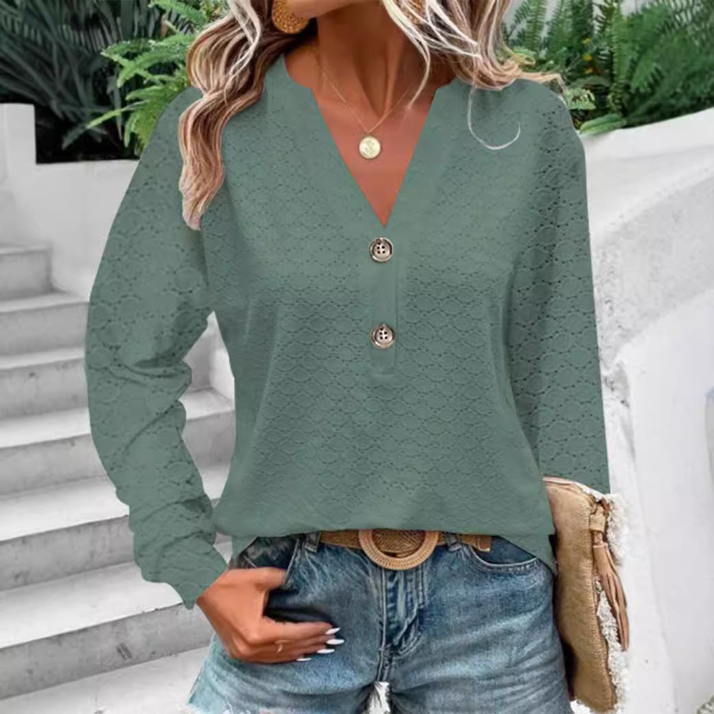 Women's Fashion Casual Solid Color Buttons V-neck Long Sleeve by DC-THE CEO