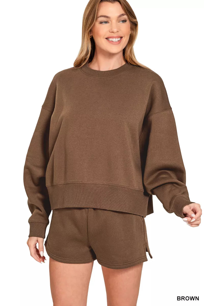 Zenana Fleece Round Neck Sweatshirt and Shorts Set by Trendsi