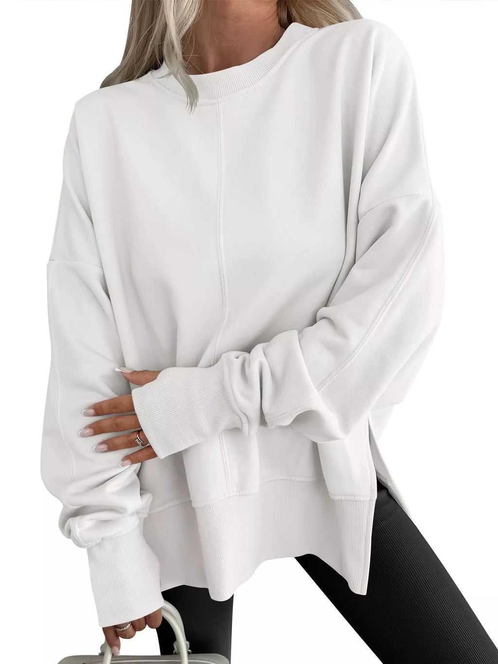 Side Slit Round Neck Long Sleeve Sweatshirt by Trendsi