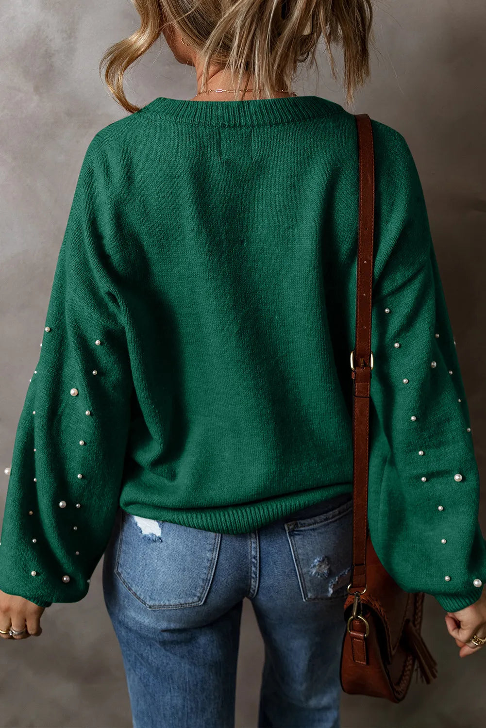 Pearl Detail Round Neck Long Sleeve Sweater by Trendsi
