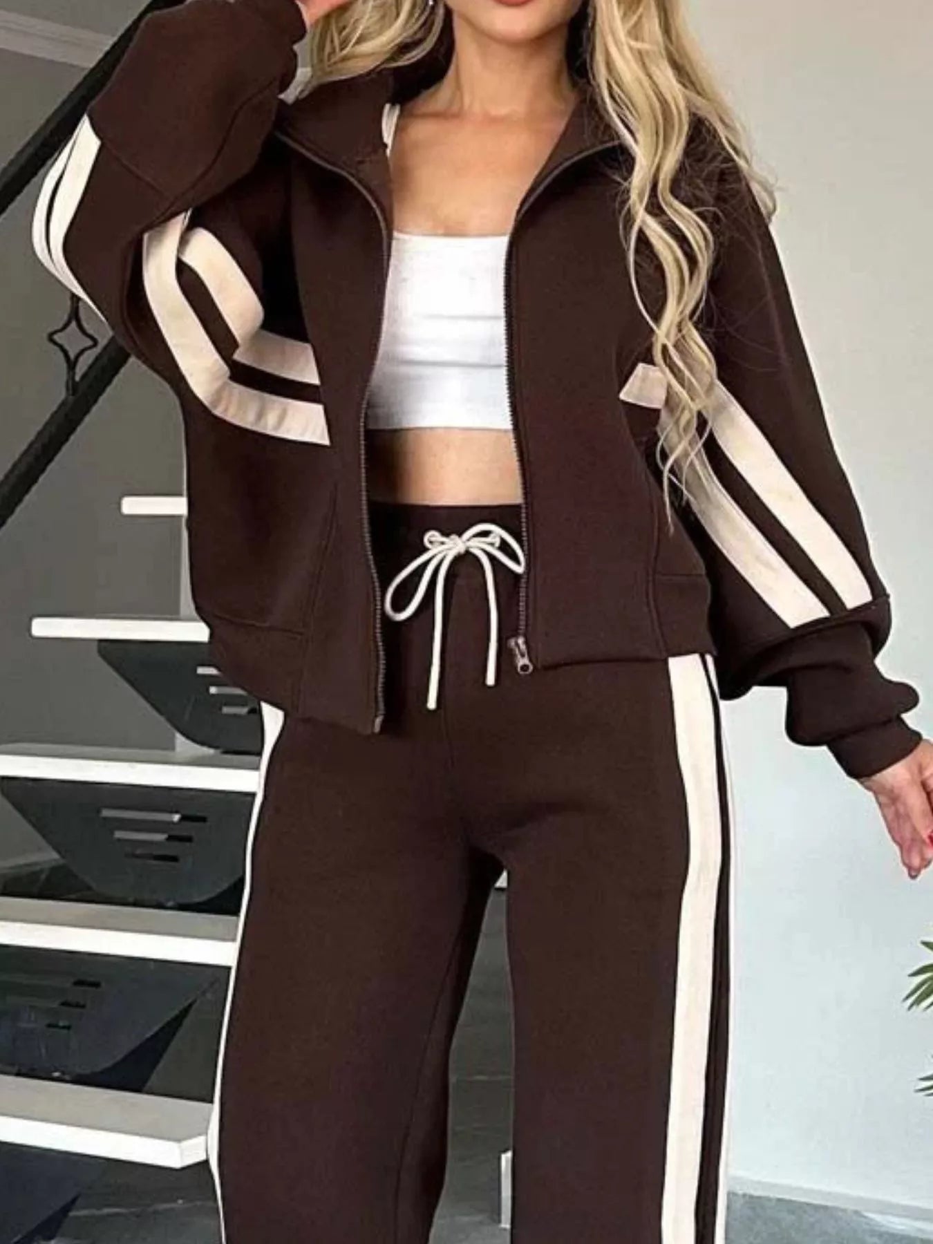Full Size Contrast Stripe Zip Up Jacket and Pants Set Plus Size by Trendsi