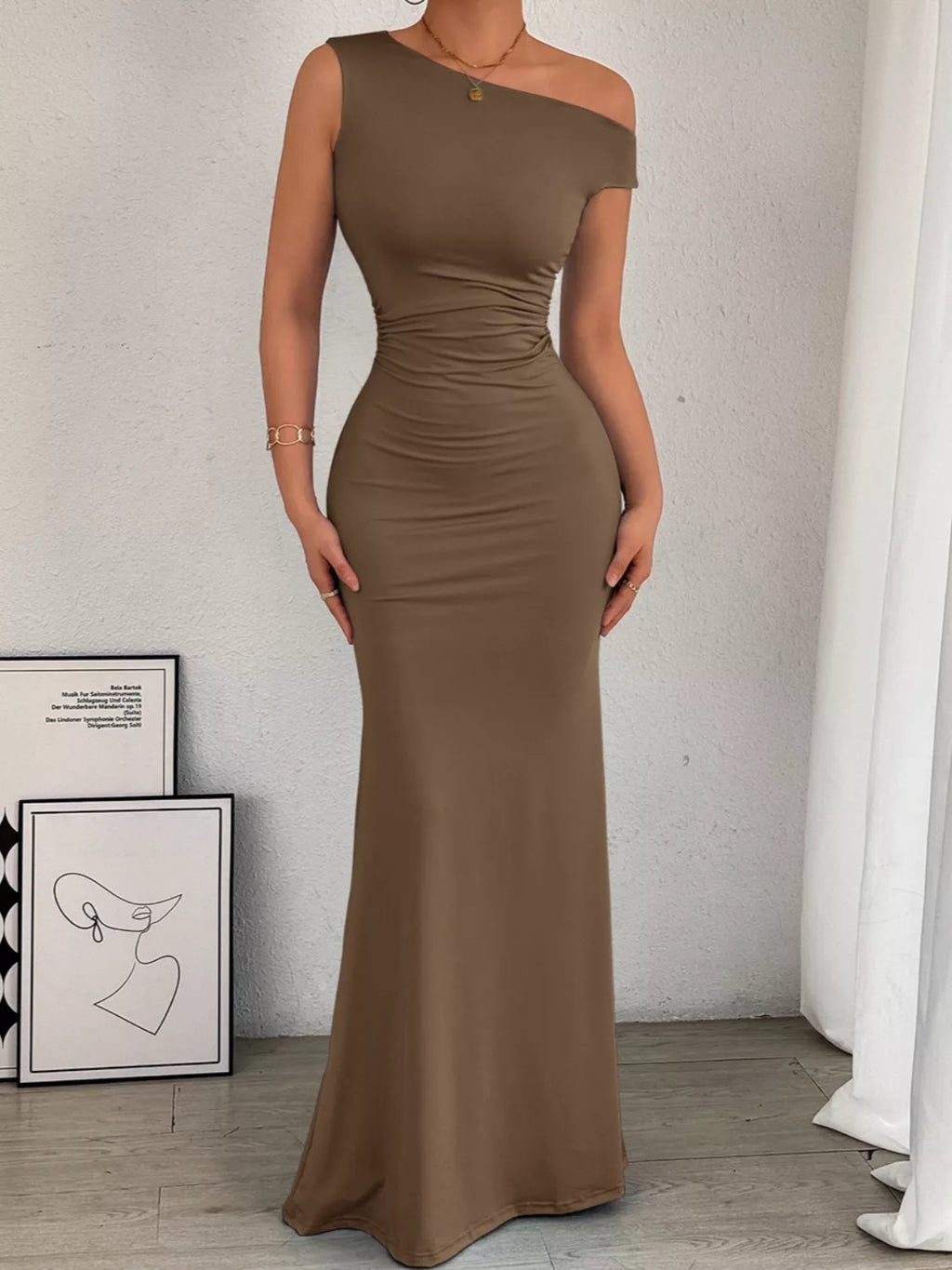 One-Shoulder Ruched Bodycon Maxi Dress by Trendsi