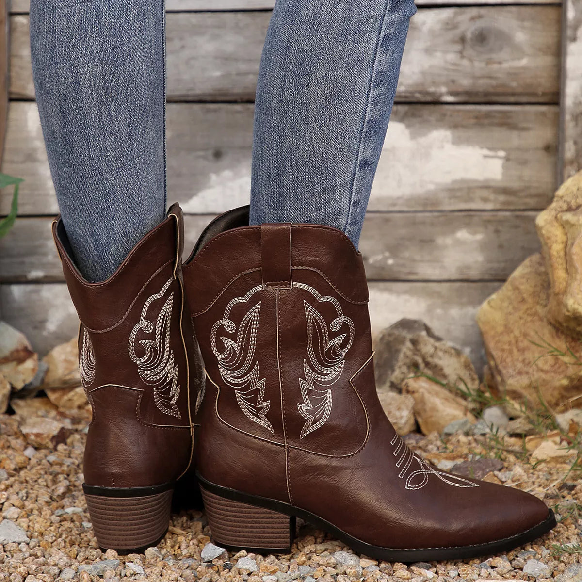 Western Cowboy Boots with Embroidered Design by Trendsi