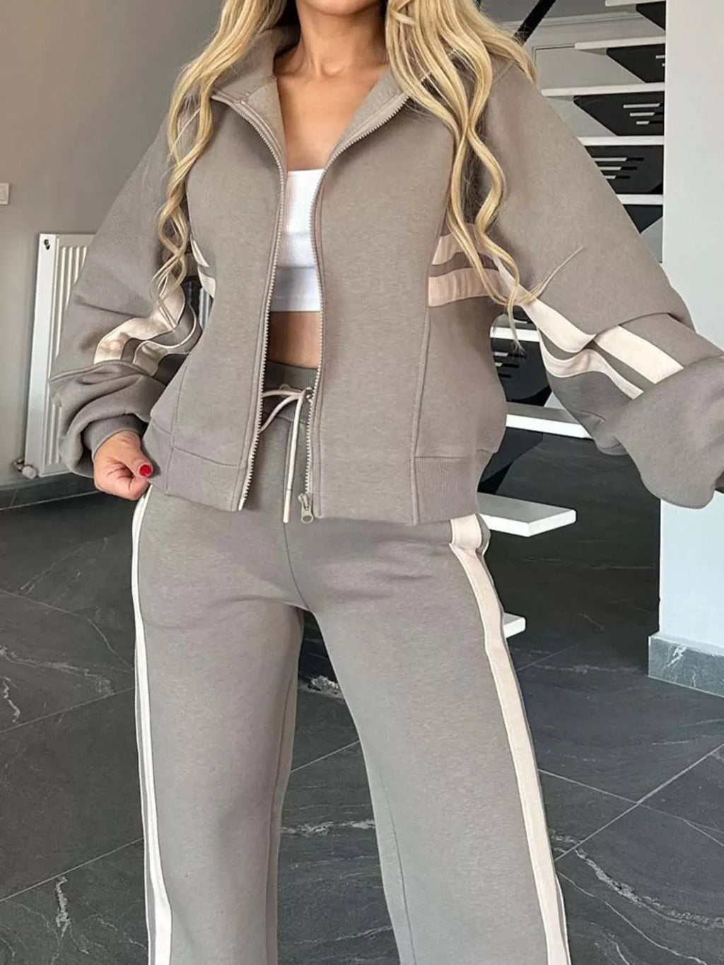 Full Size Contrast Stripe Zip Up Jacket and Pants Set Plus Size by Trendsi