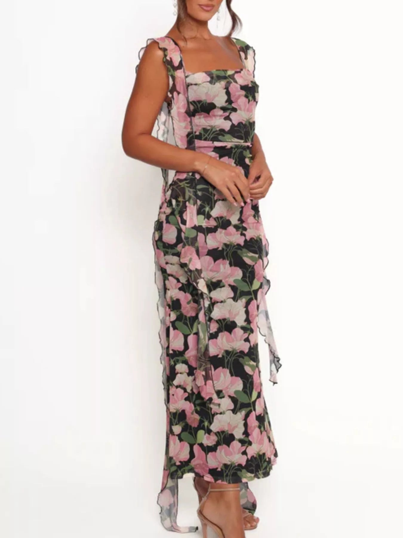 Floral Print Ruffle Trim Bodycon Maxi Dress by Trendsi