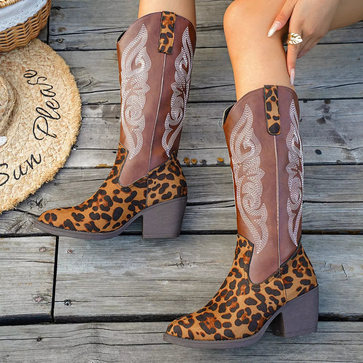 Western Embroidered Mid-Calf Boots by Trendsi