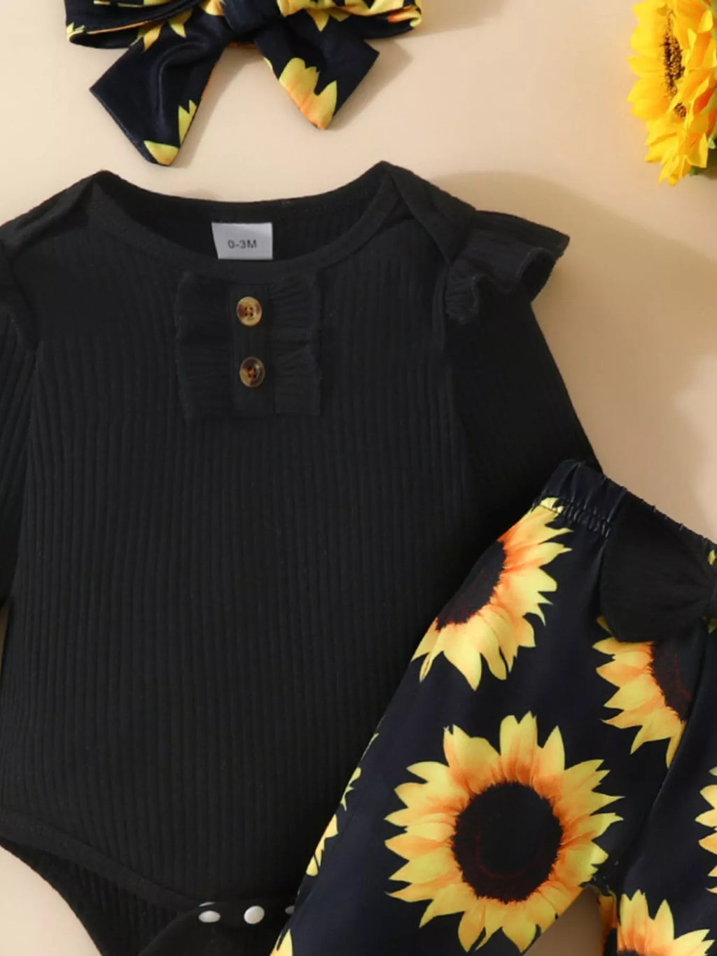 Children's Ruffled Ribbed Top and Sunflower Pants Set by Trendsi