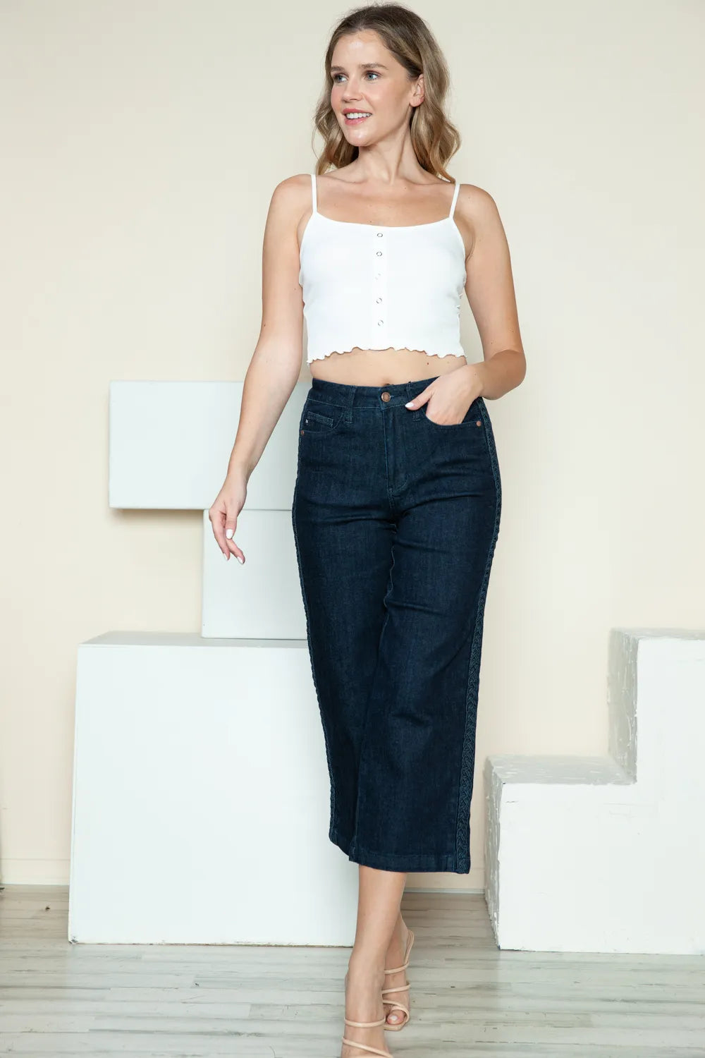 Judy Blue Full Size Side Seam Braid Detail Crop Wide Leg Jeans by Trendsi