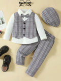 Hat, Long Sleeve Shirt, Plaid Vest and Pants 4-Piece Set by Trendsi