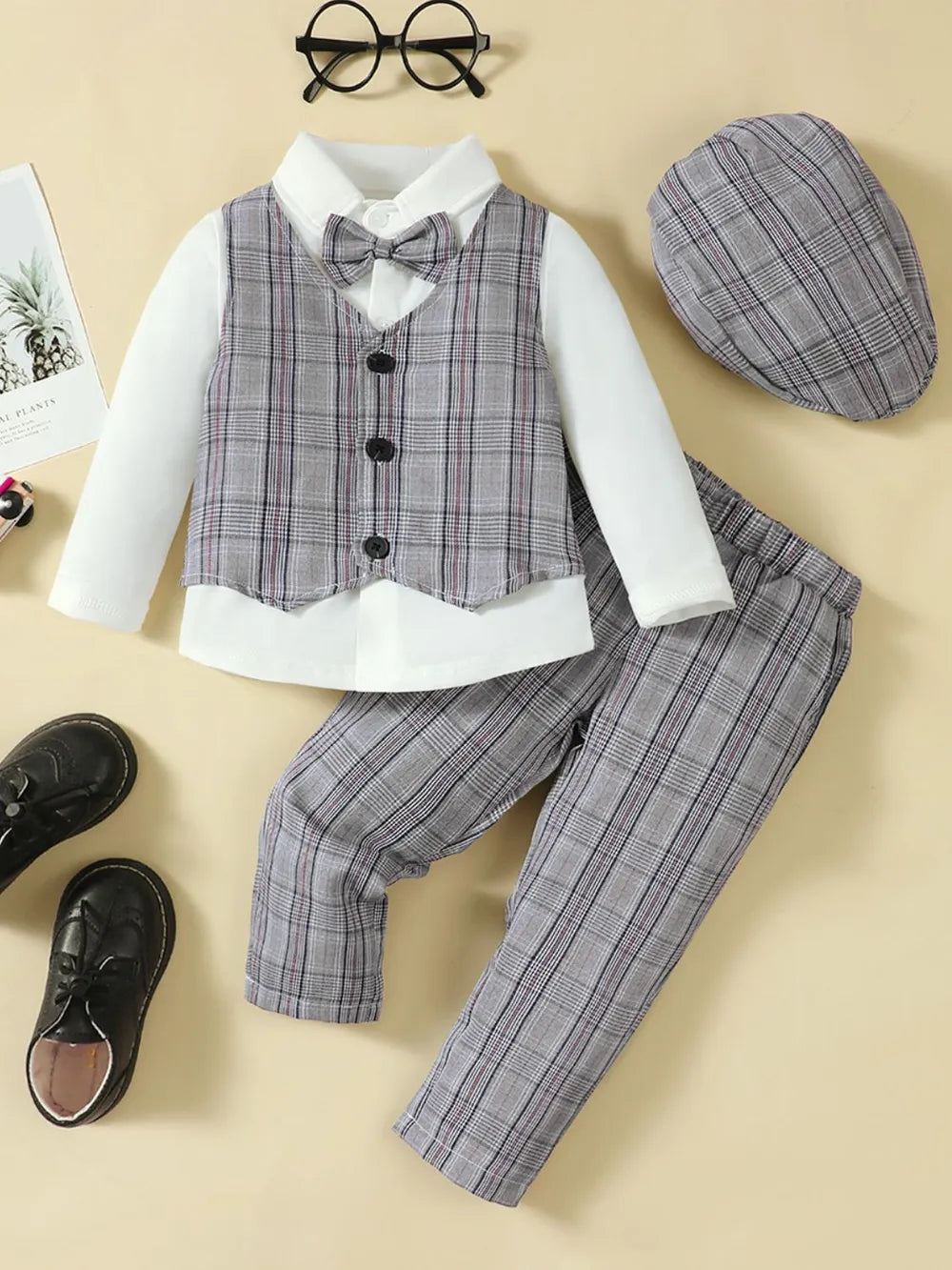 Hat, Long Sleeve Shirt, Plaid Vest and Pants 4-Piece Set by Trendsi