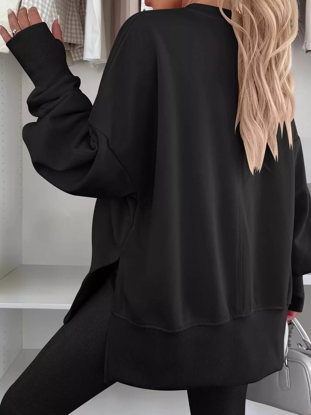 Side Slit Round Neck Long Sleeve Sweatshirt by Trendsi