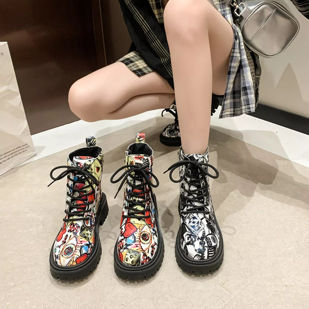 Graffiti Print Combat Boots with Colorful Street Art Design by Trendsi