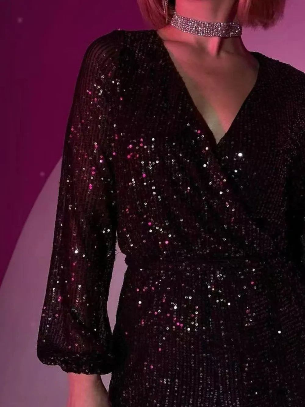 Full Size Sequin Surplice Tie Waist Long Sleeve Romper by Trendsi