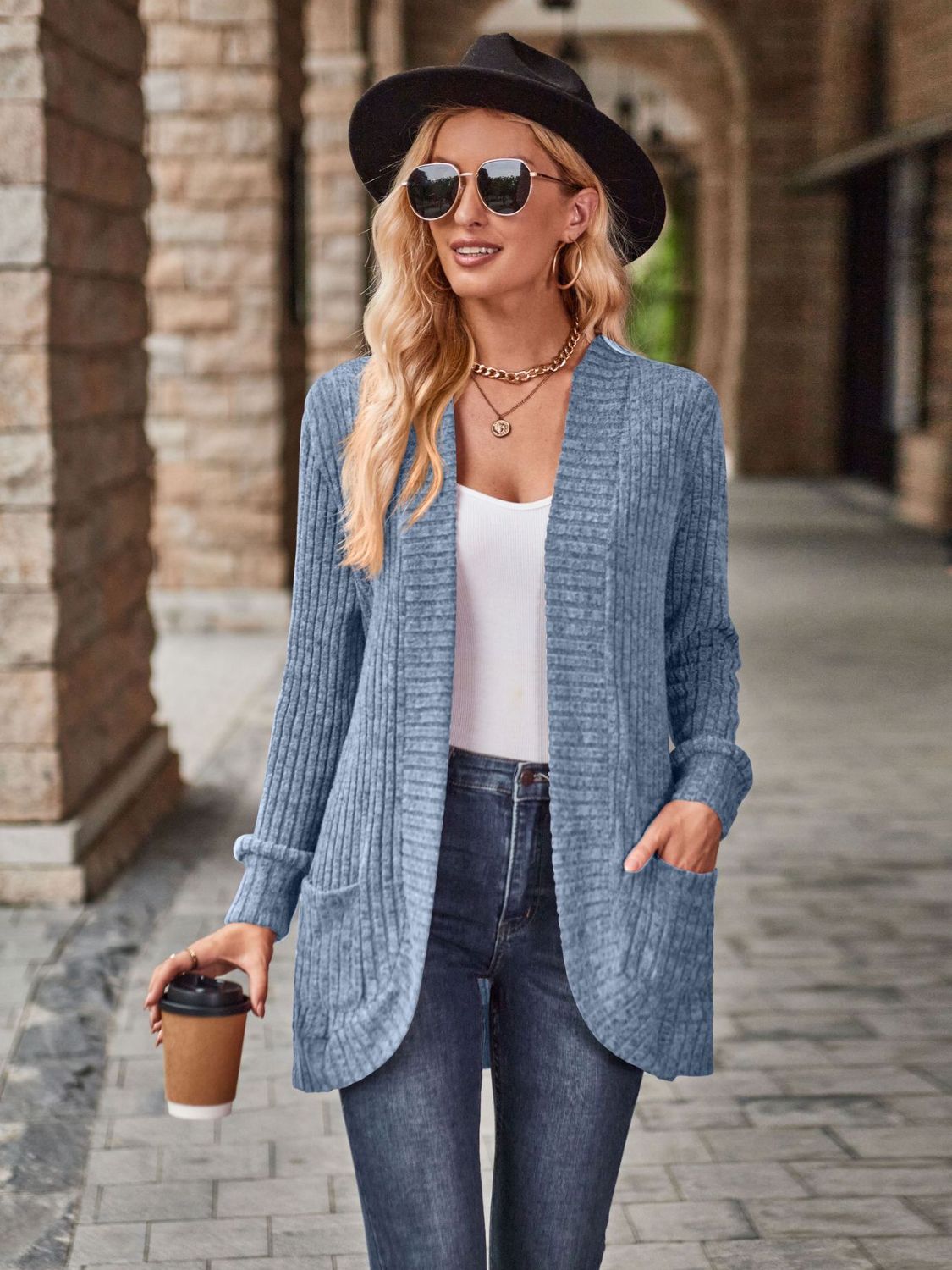 Open Front Cardigan with Pockets by Trendsi