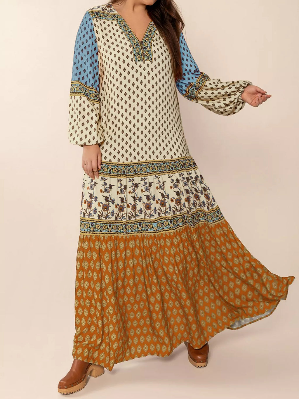 Bohemian Mixed Print Long Sleeve Maxi Dress by Trendsi