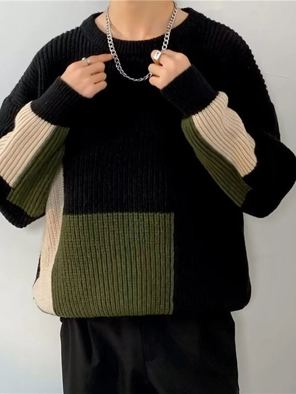 Men's Plus Size Color Block Long Sleeve Sweater by Trendsi