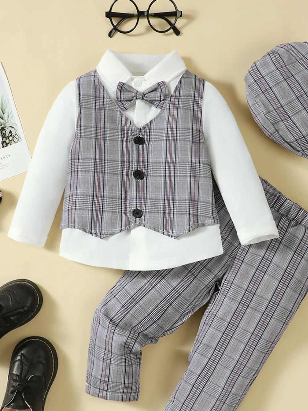 Hat, Long Sleeve Shirt, Plaid Vest and Pants 4-Piece Set by Trendsi