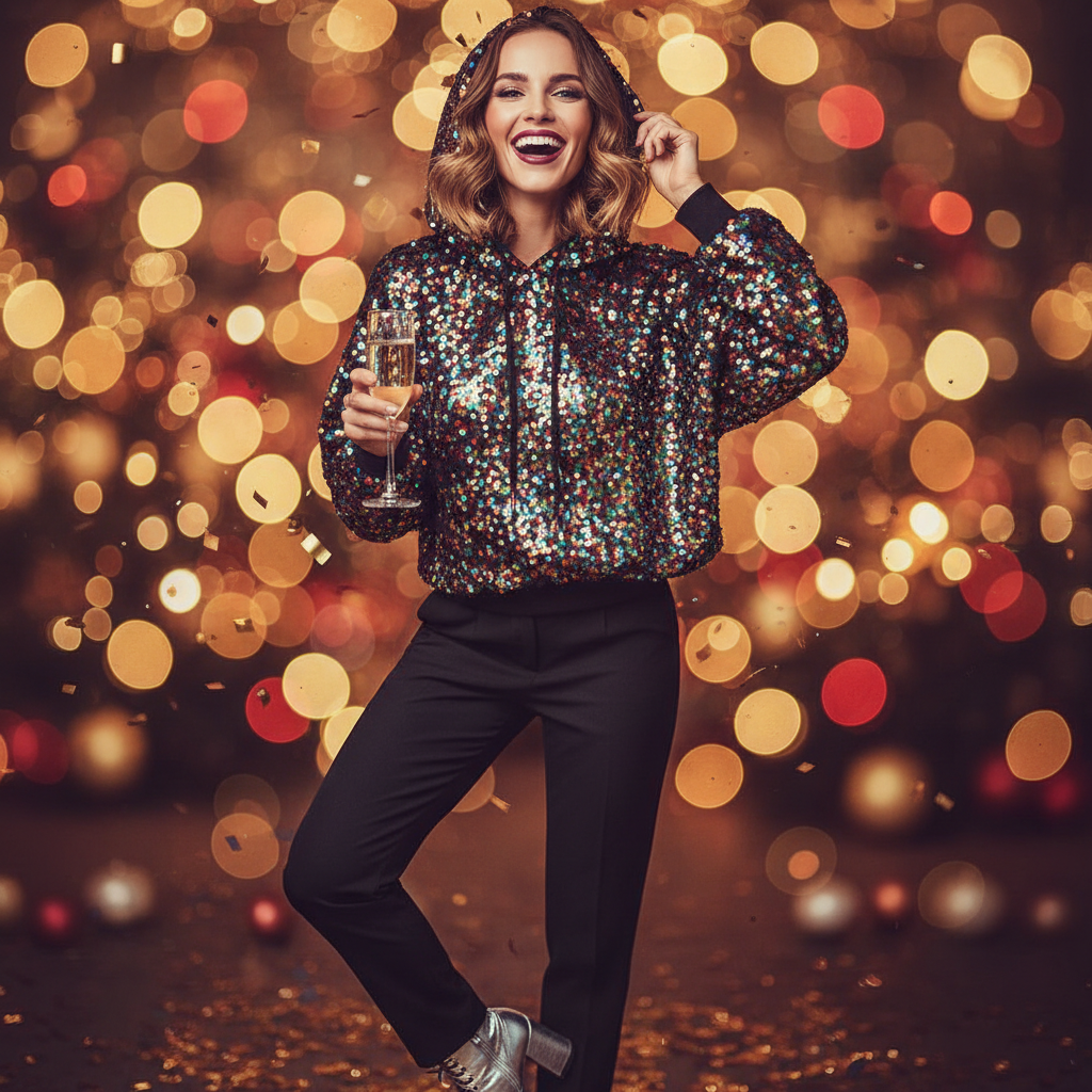 Femme portant un hoodie à sequins festif multicolore lors d'une fête de Noël